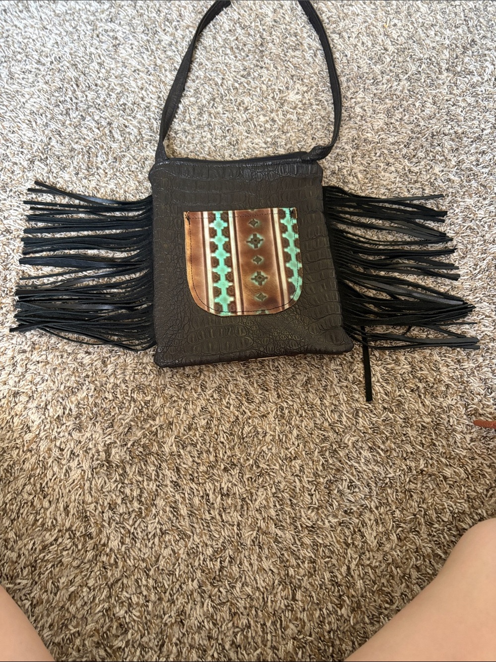 Black Fringe Crossbody Bag with Southwestern Accent